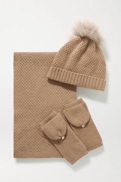 Faux Fur-trimmed Cashmere Beanie, Gloves And Scarf Set - Camel