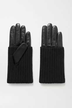 Leather And Ribbed Cashmere Gloves - Black