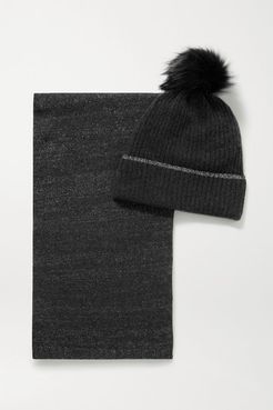 Faux Fur-trimmed Metallic Cashmere-blend Beanie And Scarf Set - Gray