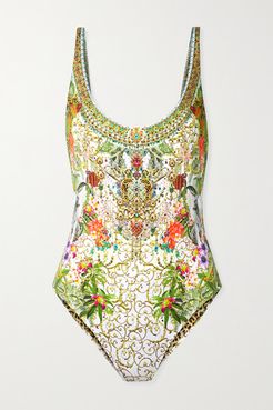 Reversible Crystal-embellished Printed Swimsuit - Green