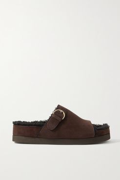 Buckled Shearling-lined Suede Platform Slides - Dark brown