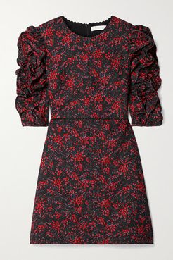 Ruched Floral-print Crepe Mini Dress - Black