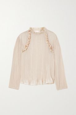 Ruffled Metallic Plissé-chiffon Top - Beige