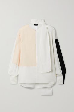 Tie-detailed Color-block Wool-twill Blouse - Off-white