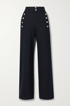 Button-embellished Stretch-wool Wide-leg Pants - Navy