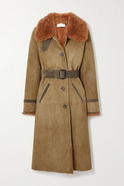 Belted Shearling-trimmed Suede Coat - Green