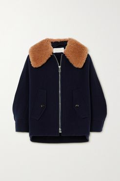 Convertible Shearling-trimmed Wool-blend Jacket - Blue
