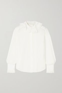 Ruffled Lace-trimmed Embroidered Silk Blouse - White