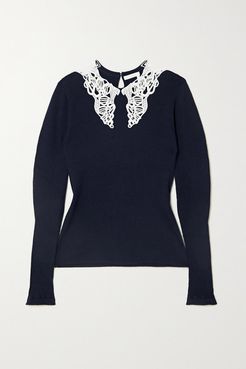 Guipure Lace-trimmed Ribbed Cotton-blend Sweater - Navy