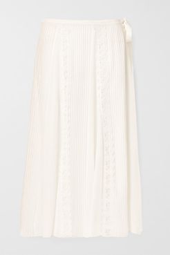 Lace-trimmed Pintucked Silk-georgette Midi Skirt - Off-white