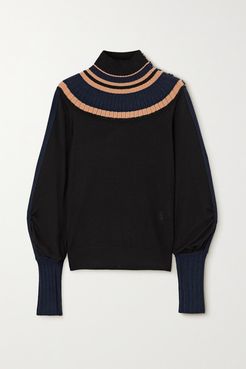 Striped Ribbed Wool Turtleneck Sweater - Navy