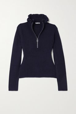 Ruffled Ribbed Wool And Cashmere-blend Sweater - Navy