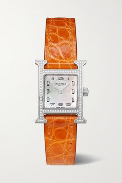 Heure H 17.2mm Very Small Stainless Steel, Alligator, Mother-of-pearl And Diamond Watch - Orange