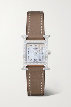 Heure H 17.2mm Very Small Stainless Steel, Leather, Mother-of-pearl And Diamond Watch - Brown