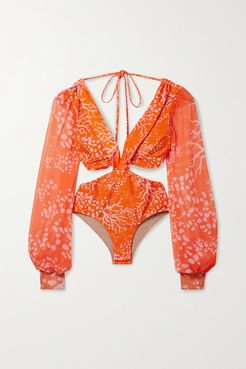 Cutout Printed Chiffon-paneled Swimsuit - Orange