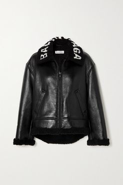 Cropped Faux Shearling-lined Leather Jacket - Black