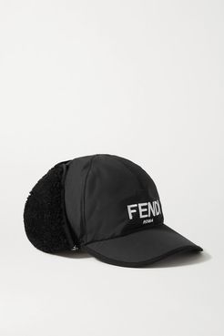 Shearling-trimmed Embroidered Shell Baseball Cap - Black