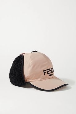 Shearling-trimmed Embroidered Shell Baseball Cap - Pink