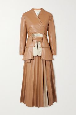 Cutout Pleated Faux Leather Wrap Maxi Dress - Beige