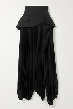 Asymmetric Layered Pleated Wool Skirt - Black