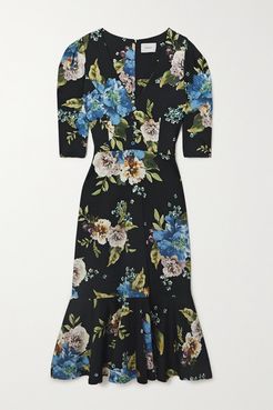 Ottavia Ruffled Floral-print Ponte Midi Dress - Black