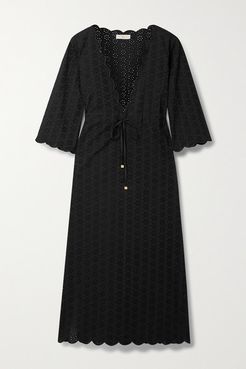 Scalloped Broderie Anglaise Cotton Kaftan - Black