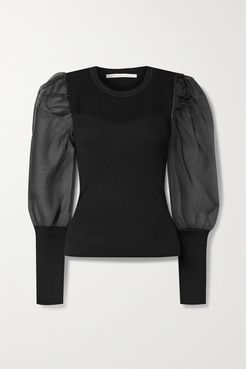 Leila Ribbed Merino Wool-blend And Silk-organza Sweater - Black