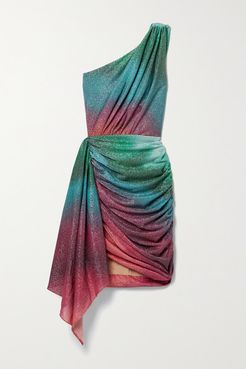Sunset One-shoulder Draped Ruched Ombré Lurex Mini Dress - Turquoise