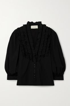 The Tuxedo Ruffled Velvet-trimmed Crinkled Cotton-voile Blouse - Black