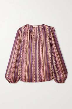 Pleated Printed Satin Blouse - Pink