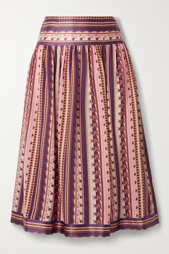 Satin-trimmed Pleated Printed Silk Crepe De Chine Midi Skirt - Pink