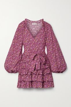 Rina Belted Ruffled Cotton Mini Dress - Purple