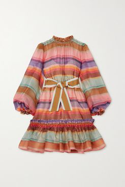 The Lovestruck Belted Striped Silk-organza Mini Dress - Pink
