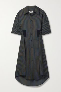 Pinstriped Twill Midi Shirt Dress - Black