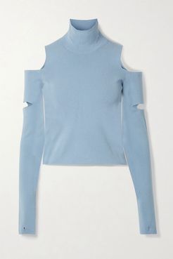 Cold-shoulder Convertible Stretch-knit Turtleneck Sweater - Blue