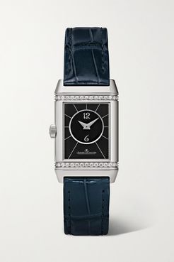 Reverso Classic Duetto 21mm Small Stainless Steel, Alligator And Diamond Watch - Silver