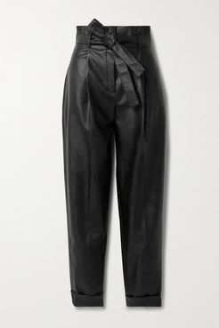 Belted Vegan Leather Tapered Pants - Black
