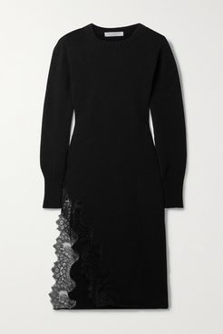 Lace-trimmed Cotton-blend Midi Dress - Black