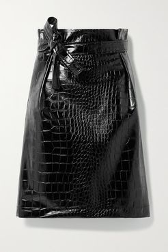Belted Croc-effect Vegan Patent-leather Skirt - Black