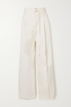 Belted Pleated Stretch-cotton Twill Wide-leg Pants - Ivory