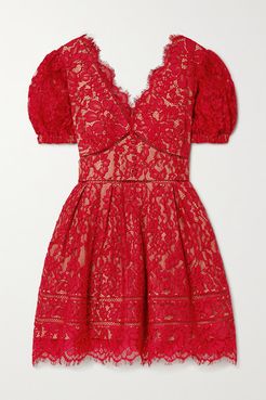 Crochet-trimmed Cotton-blend Corded Lace Mini Dress - Red