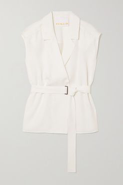 Olivia Belted Double-breasted Woven Blouse - White