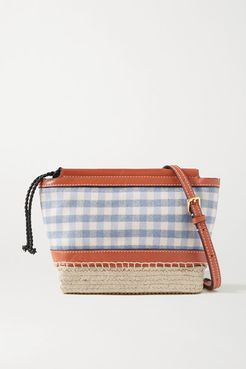 Espadrille Mini Leather And Jute-trimmed Gingham Twill Shoulder Bag - Blue