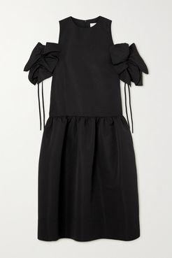 Gathered Cold-shoulder Faille Midi Dress - Black