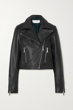 Cropped Textured-leather Biker Jacket - Black