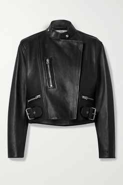 Cropped Leather Biker Jacket - Black