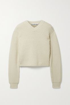 Cropped Paneled Ribbed Cotton-blend Sweater - Ecru