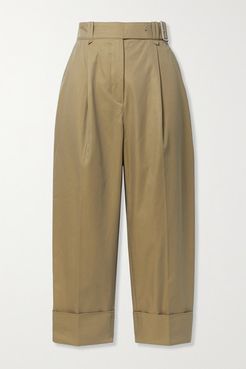 Cropped Belted Pleated Cotton-twill Wide-leg Pants - Beige