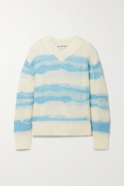 Distressed Striped Open-knit Sweater - Off-white