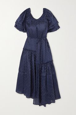 Sandrine Asymmetric Ruffled Polka-dot Linen And Silk-blend Dress - Blue